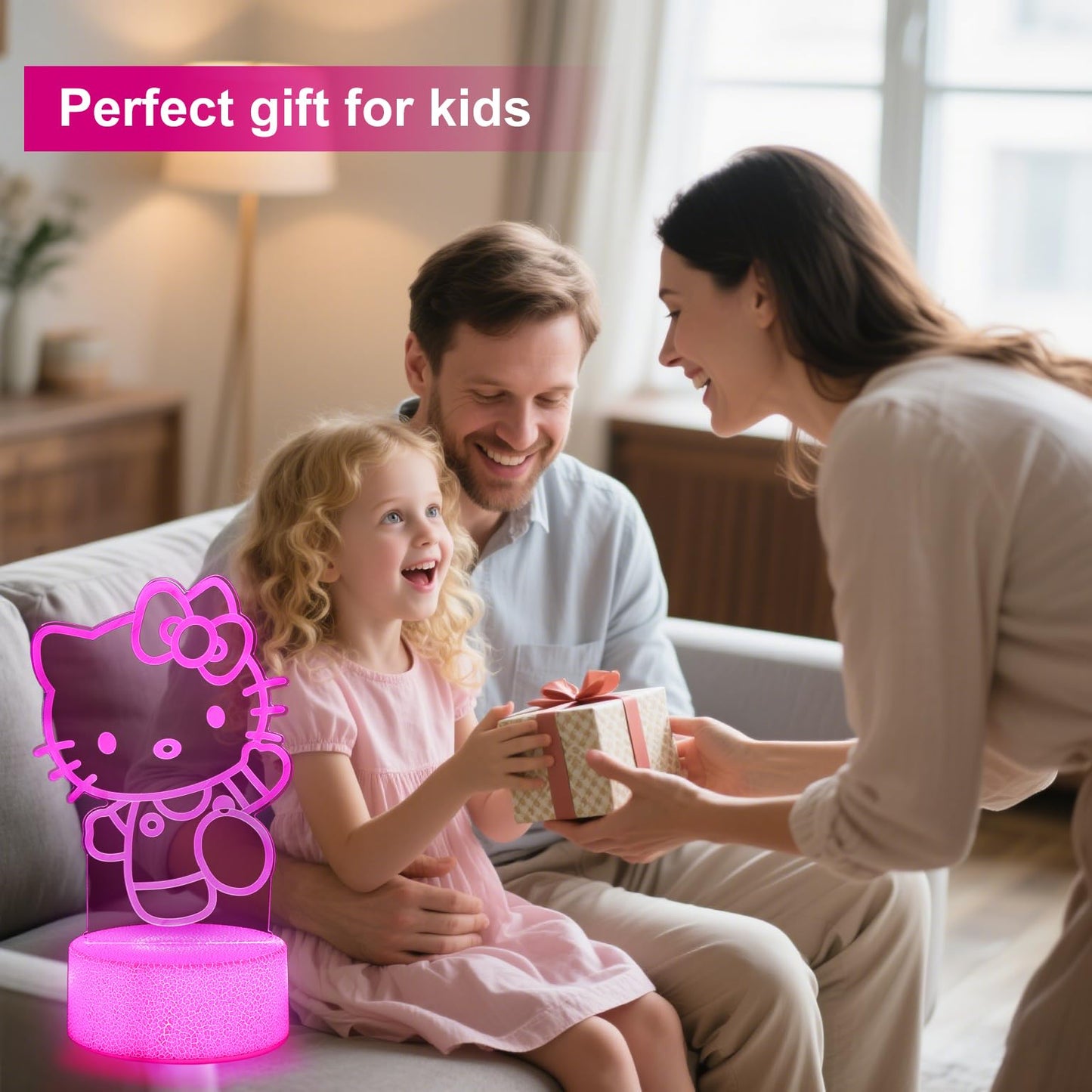 Sunduck Pink Kawaii Kitty 3D Night Light With Corded Control- Dreamy Girls Room Decor  Perfect Birthday/Christmas Gift For Kids  Unique Holiday Present