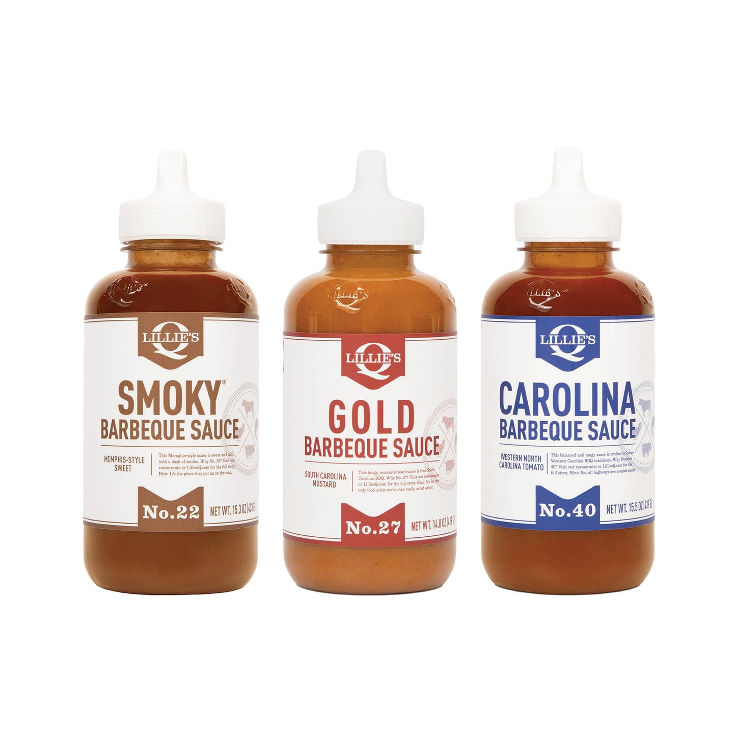 Lillie's Q BBQ Sauce Combo - Smoky, Gold & Carolina - Gluten-Free, Non-GMO, 3-Pack (15.3oz, 14.8oz, 15.5