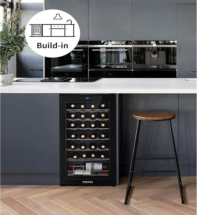 BODEGACOOLER 28 Bottle Mini Fridge for Home and Kitchen, Compressor Wine Cooler Refrigerator for Bedroom, Wine Cooler with Digital Temperature Control & Double-layer Glass Door for Wine, Champagne.