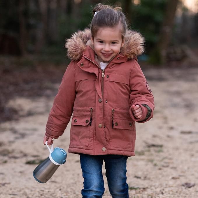 BEABA Kids Stainless Steel Insulated Water Bottle, Kids Water Bottle, Toddler Insulated with Spill Proof Spout and Close Top, Perfect for Travel, (Rain)