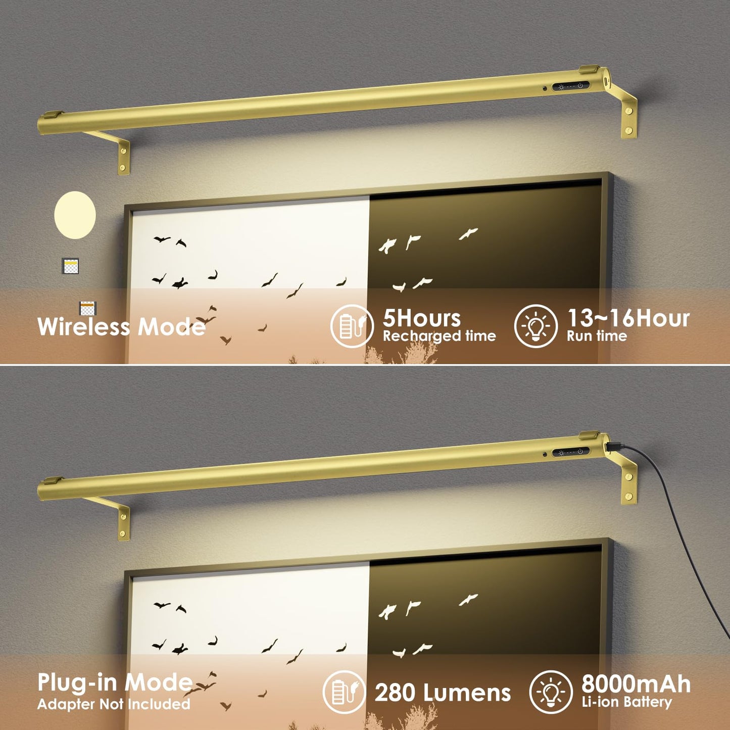 EAYOYAE Battery Operated Wireless Picture Light, Remote Control, 31.5inch, Aluminum, 2 Gold, Model PC-80B