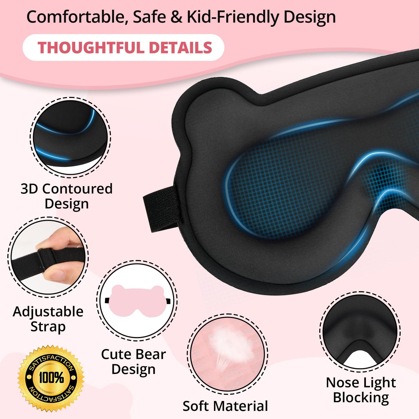 Kids Sleep Mask, 3D Sleeping Eye Mask for Kids with Adjustable Elastic Strap, Bear Shape Eye Cover with Memory Foam, Soft & Light-Blocking, Gift for Boys Girls Teens Age 5–15 (Pink)