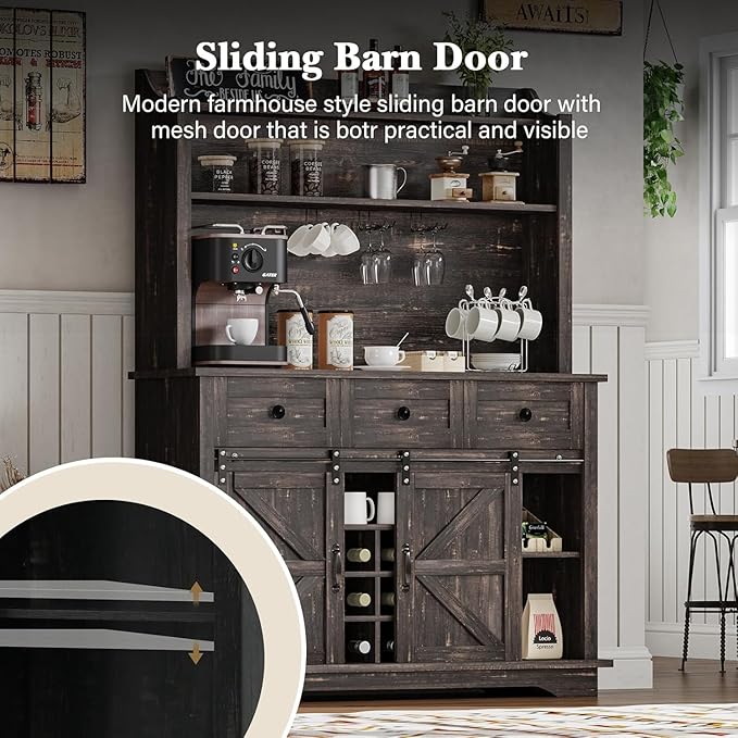 63 Inch Tall Coffee Bar Cabinet with 3-Tier, Kitchen Hutch with 3 Large Drawers, Farmhouse Coffee Bar with 9 Wine Racks & 3 Glass Holders, Wine Storage Cabinet for Living Dining Room, Oak