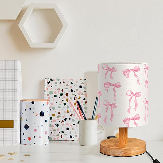 VIHOSE Bow Kids Table Lamp for Bedroom Kids Bedside Lamp with Linen Wooden Nightstand Cartoon Nursery Lampshade for Girls Boys Living Room
