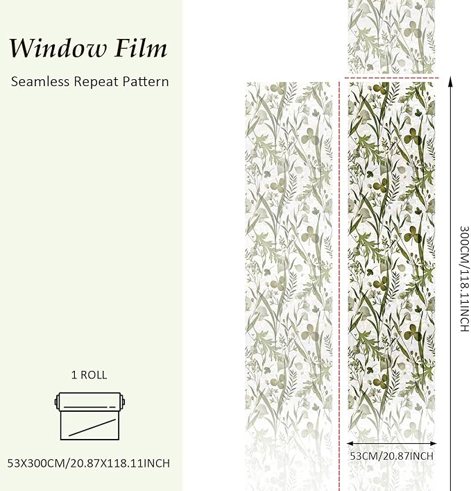 Rainbow Watercolor Green Leaves Window Film, Privacy Iridescent Static Cling Double-Sided Decals for Window Door Glass Decor, Herbs, 118.11" x 20.87"