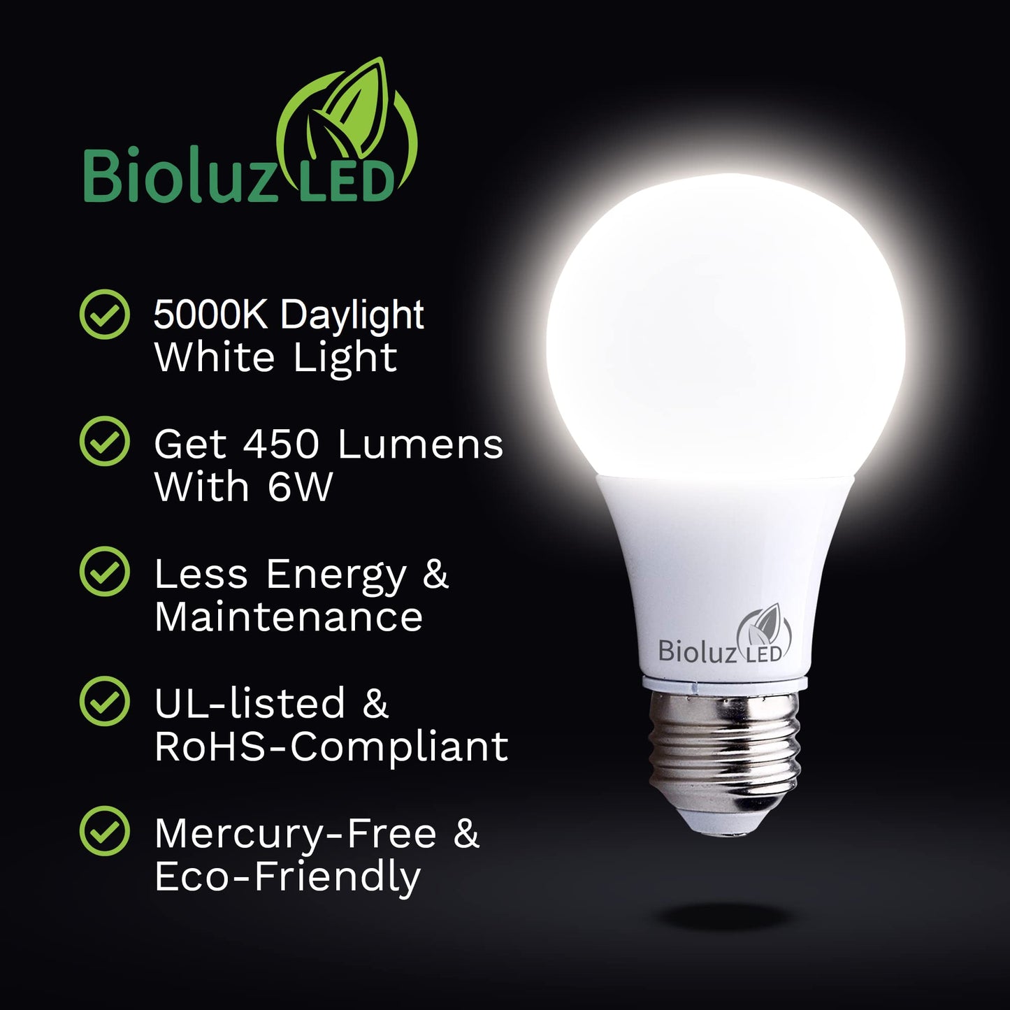 Bioluz Led A19 40W Equivalent Light Bulbs, 5000K Daylight, 6 Pack, Non-Dimmable, Plastic Lens