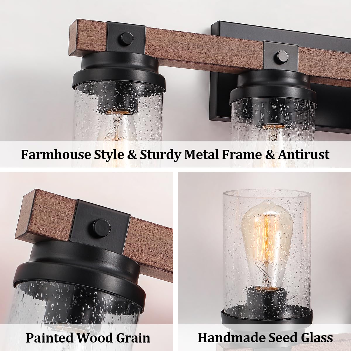 ZSMIHDOH 3-Light Farmhouse Vanity Light Rustic Over Mirror Bubble Glass 3 Light