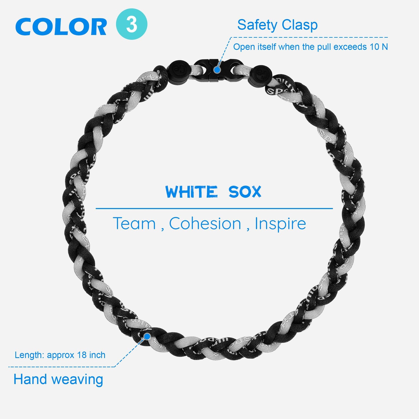 SUPBOMM 3 pcs Baseball Rope Necklaces, League Team Colors Braided Necklace, Baseball Team Gifts, White Sox
