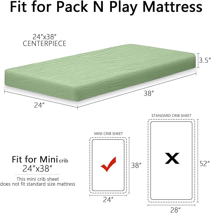 2 Pack Soft Muslin Baby Mini Crib Sheets, 100% Cotton Breathable Double Layer Fitted Sheets for Mini Crib and Pack N Play Mattresses 24x38 Inches, for Baby Girls and Boys (Sage & Fog