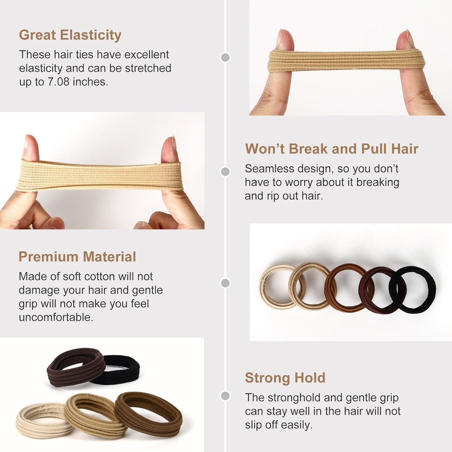 Bessrung 80 Pcs Brown Hair Ties No Damage, Seamless Elastic Hair Ties for Women Girls, Strong, Stretchy Hair Bands, Soft Nylon P