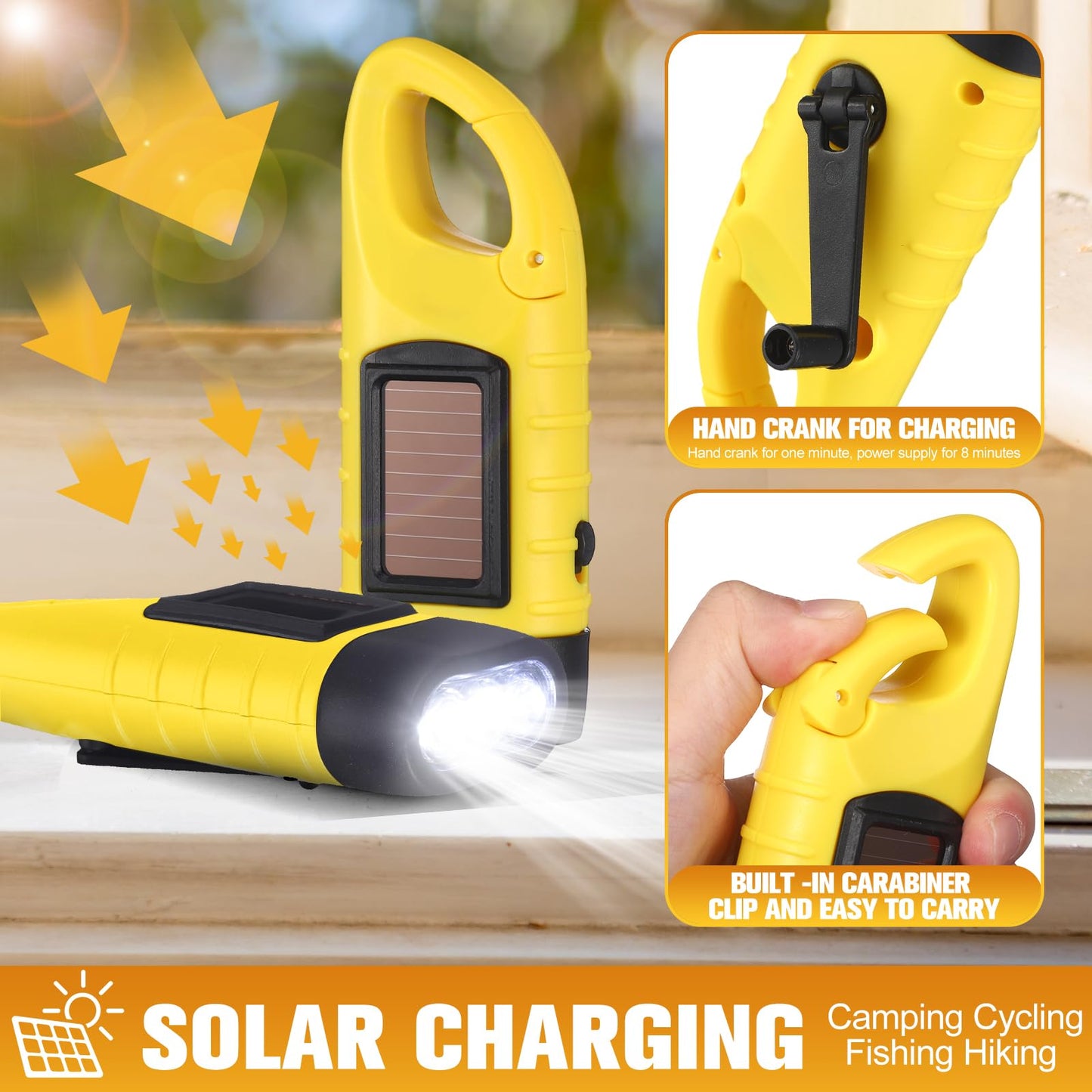Mudder 6 Pcs Hand Crank Solar Powered Flashlights Emergency Rechargeable Led Handheld Flashlights For Survival Gear Outdoor Sports Camping Hiking Backpack Safety(Green Yellow)