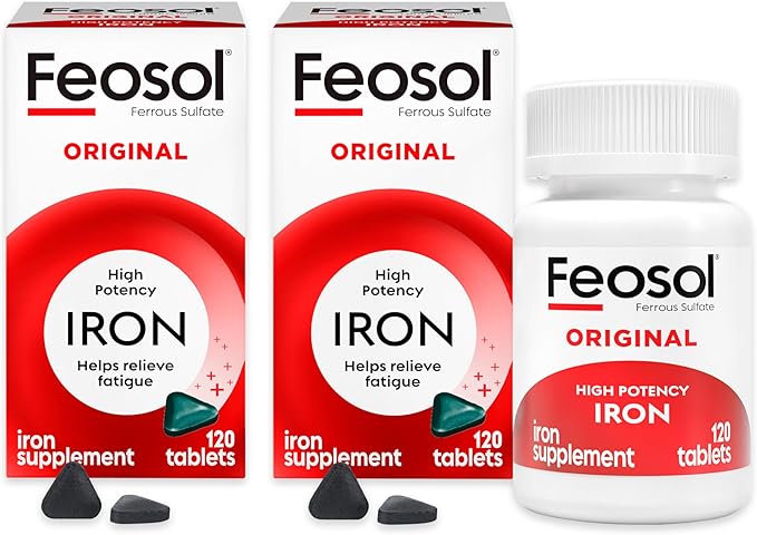 Feosol Original Iron Supplement Tablets,Non-heme 325mg Ferrous Sulfate (65mg Elemental Iron) per Iron Pill, 1 Per Day, 4 Month Supply, for Energy and Immune System Support (120 ct Pack of 2)