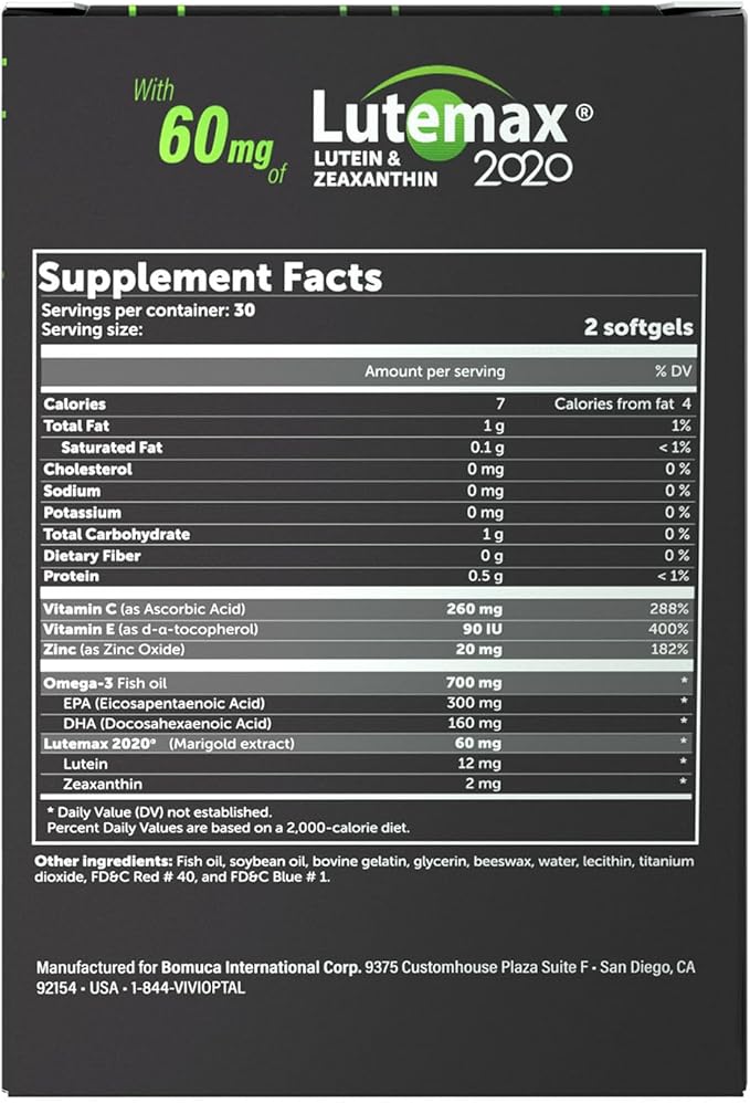 Vivioptal Lux 60 Softgels, Omega 3, Zinc, and Vitamin C & E, Multivitamin & Multimineral, Gluten Free, German Formula