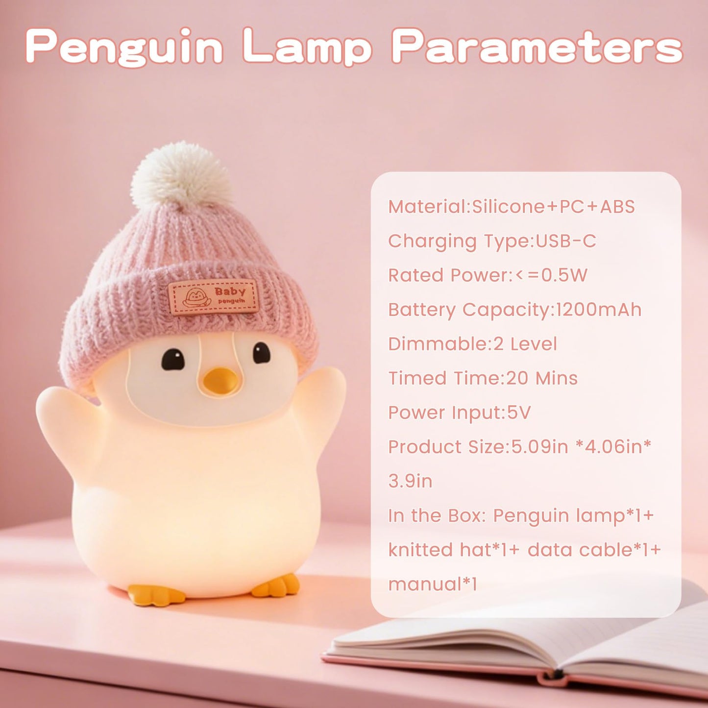 Famiduo Penguin Night Light  Cute Pink Penguin Lamp With Knit Hat  Soft Silicone Nursery Nightlight For Baby  Rechargeable/Dimmable/Timer Led Squishy Novelty Animal Bedside Lamp Funny Gifts For Kids