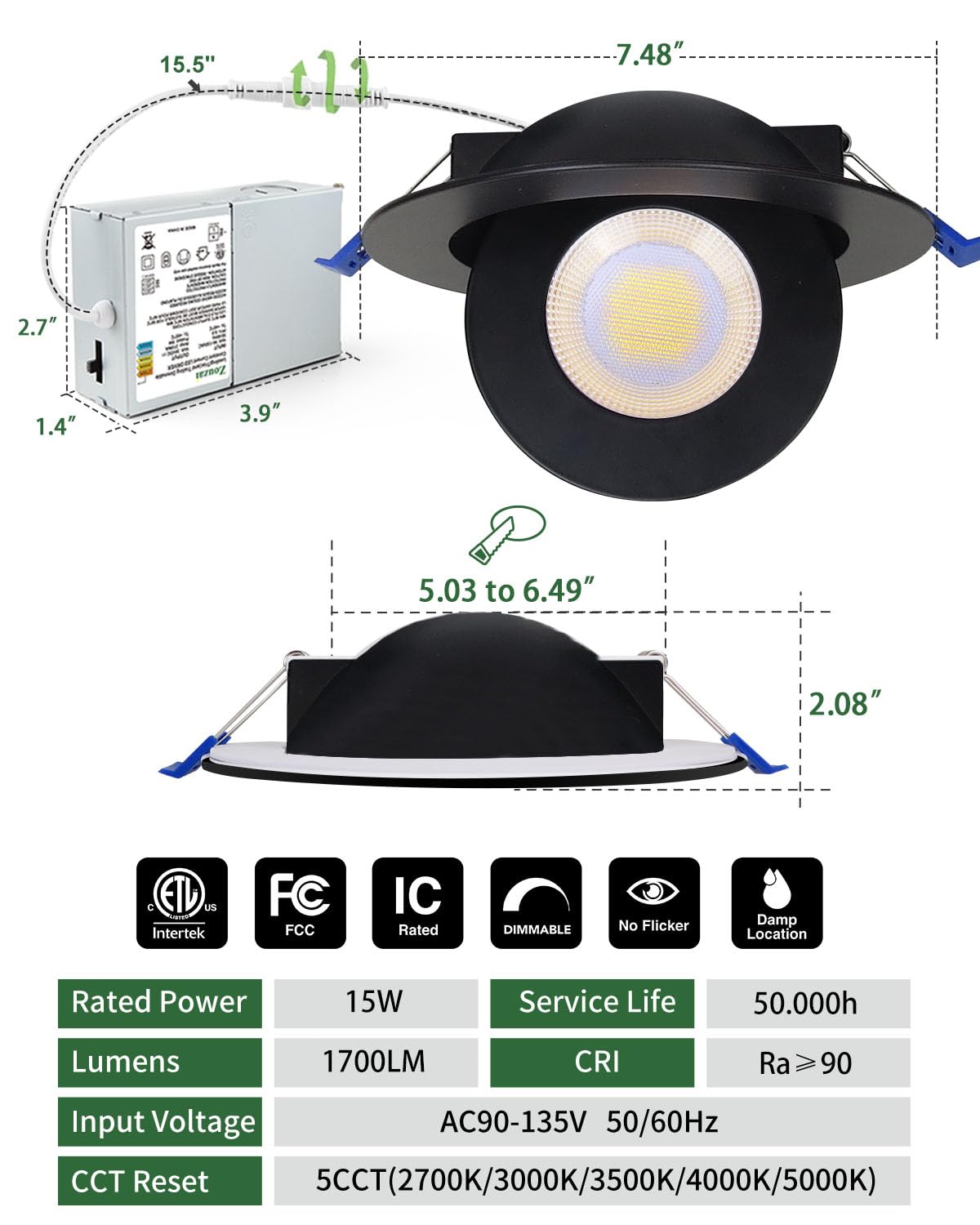 Zouzai 6 Inch 5Cct Gimbal Black Led Recessed Lights  360+90 Adjustable Directional Recessed Lighting  2700K-5000K Dimmable Retrofit Eyeball Can Lights With Jbox  Etl&Energy Star(Black 12 Pack)