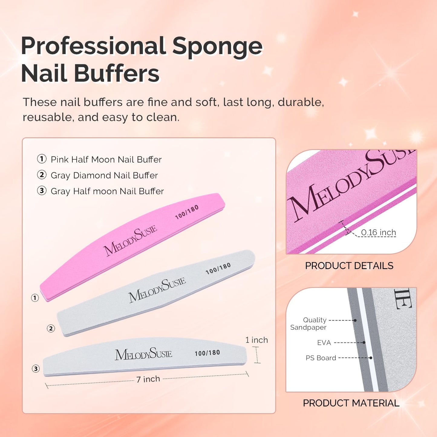 MelodySusie 9Pcs Nail Buffers Set,Nail Files and Buffers,100/180 Grit, Diamond Nail Buffer, Professional Nail Care Tools Kit for