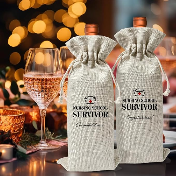 Nurse Graduation Gift Wine Bag For Women Men, Nursing School Survivor, Nursing School Graduation Party Decoration Favors, Funny Nurse Appreciation Gift, Cotton Linen Wine Gift Bag With Drawstring