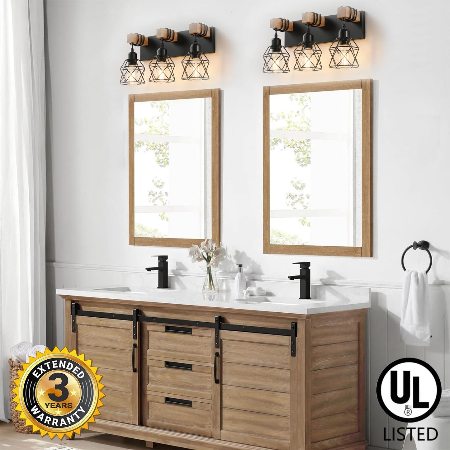 Farmhouse Vanity Light Fixture 3-Light Bathroom Lighting Black Industrial Wood Wall Light Over Mirror With Metal Shade Bulbs Not Included