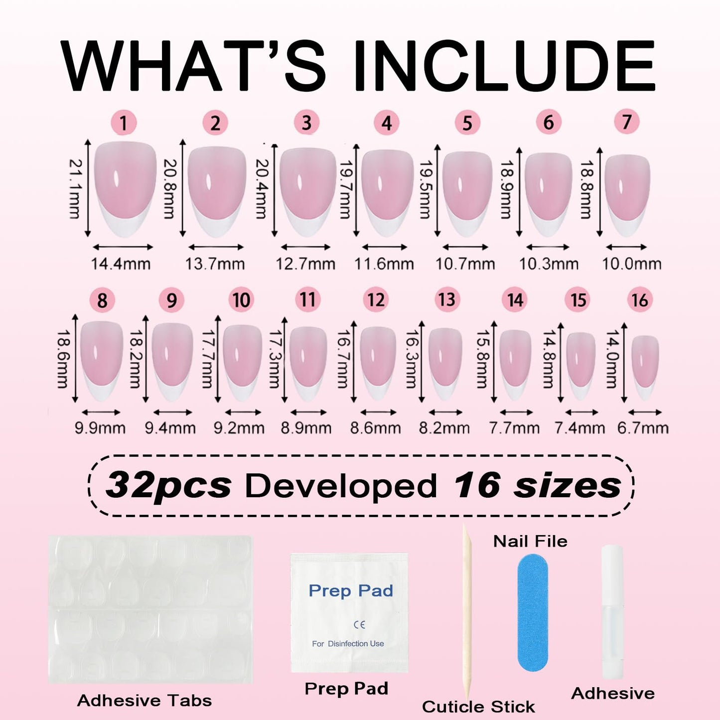 MRSCOL French Tip Press on Nails,32 Pcs French Tip Press on Nails Almond,Press On Nails Short Reusable 16 Sizes - 32 Nail Kit wi