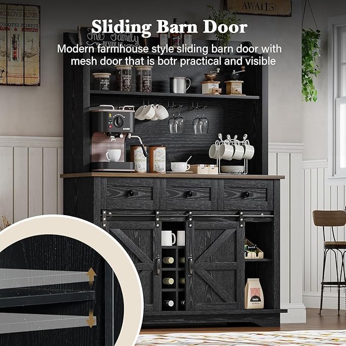 63 Inch Tall Coffee Bar Cabinet with 3-Tier, Kitchen Hutch with 3 Large Drawers, Farmhouse Coffee Bar with 9 Wine Racks & 3 Glass Holders, Wine Storage Cabinet for Living Dining Room, Black