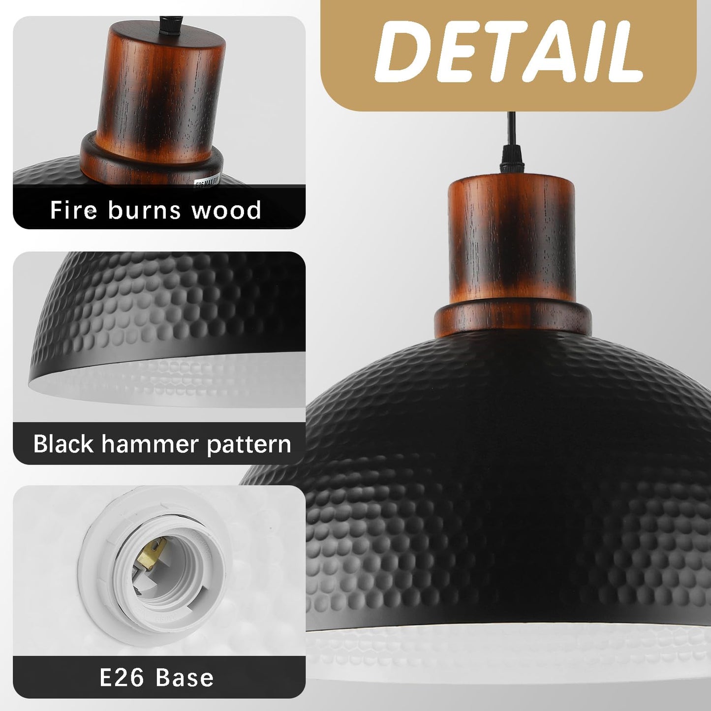 Mgcanyu 2 Pack Solid Wood Pendant Lights 16 Hammered Metal Black Finish Hanging Lighting Modern Lamp Industrial Dome Ceiling Light Fixtures For Kitchen Island Farmhouse Dining Room
