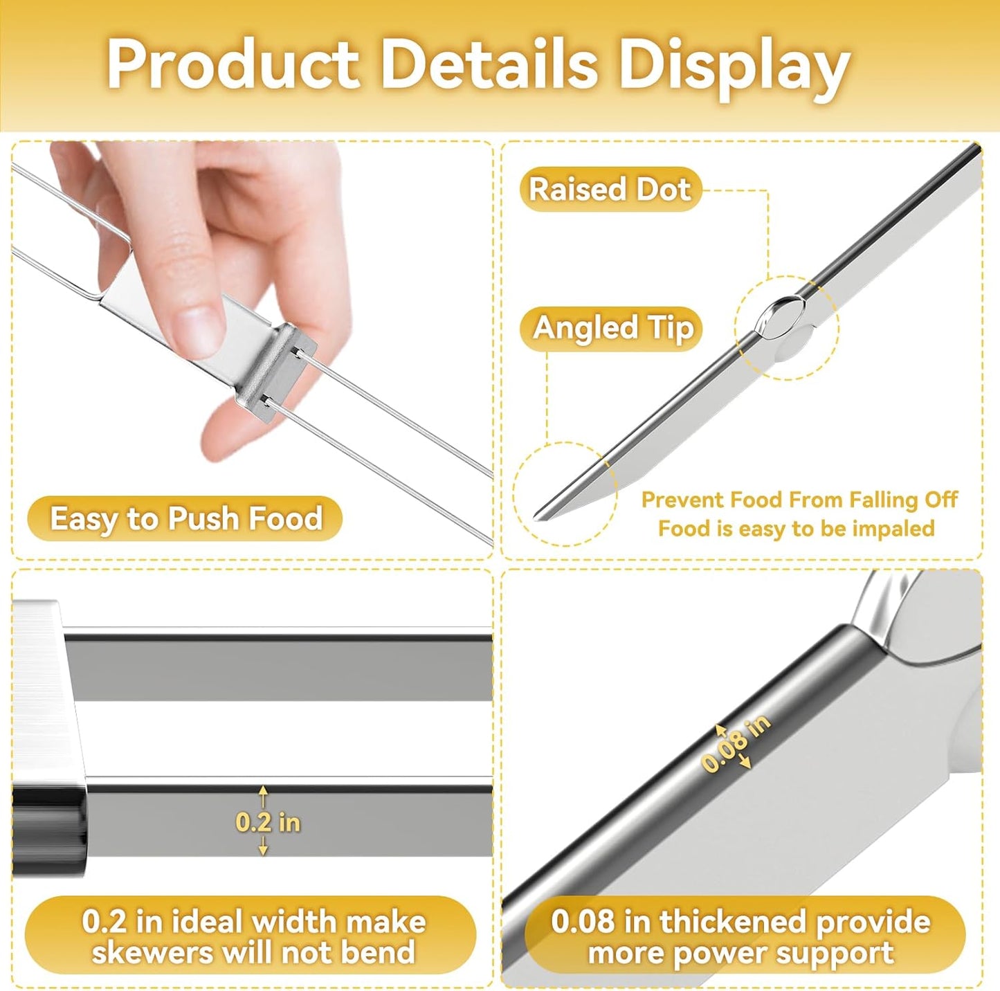 Kabob Skewers - 17" 12 Pack Metal Skewers For Kabobs with Push Bar Double Pronged Anti-Roll Flat BBQ Skewer for Grilling Stainless Steel Reusable Kebab Skewer for Meat Shrimp Chicken Veggie