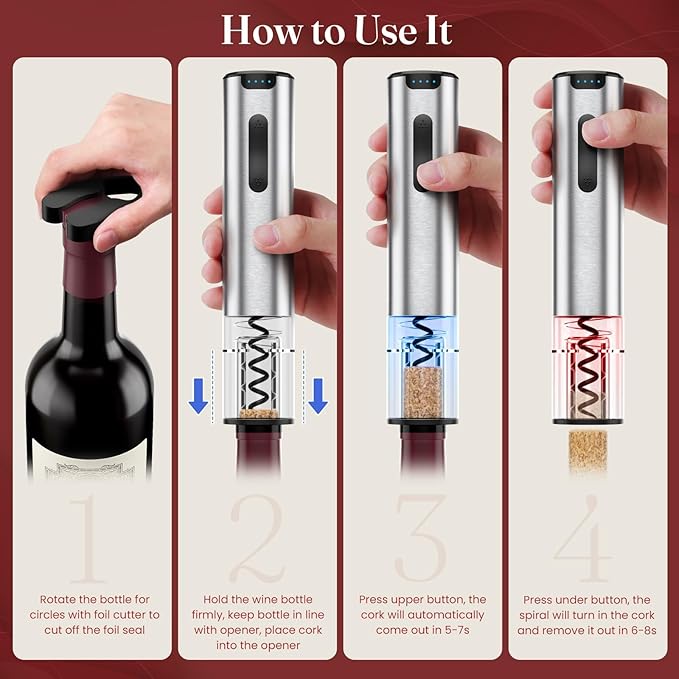 HomeHacks Electric Wine Opener, Automatic Wine Opener with Foil Cutter, Vacuum Stopper, Pourer, Rechargeable Wine Bottle Opener - Party Favor, Christmas Gift for Wine Lover