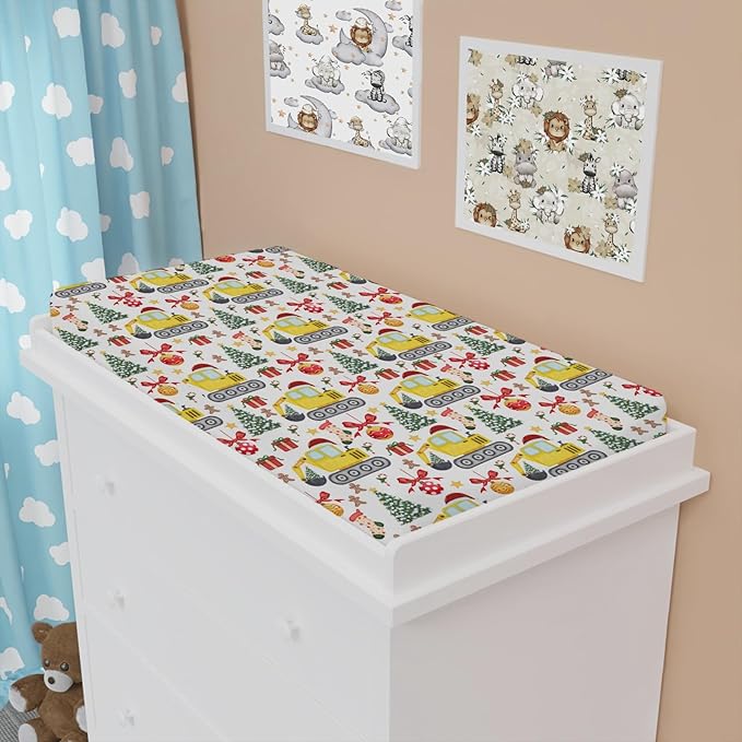 Christmas Truck Excavator Tractor Changing Pad Cover Construction Trucks Fitted Baby Change Table Sheets for Boys Girls Soft Winter Xmas Gift Stretch Fitted Changing Table Mats Cover 32''x16''