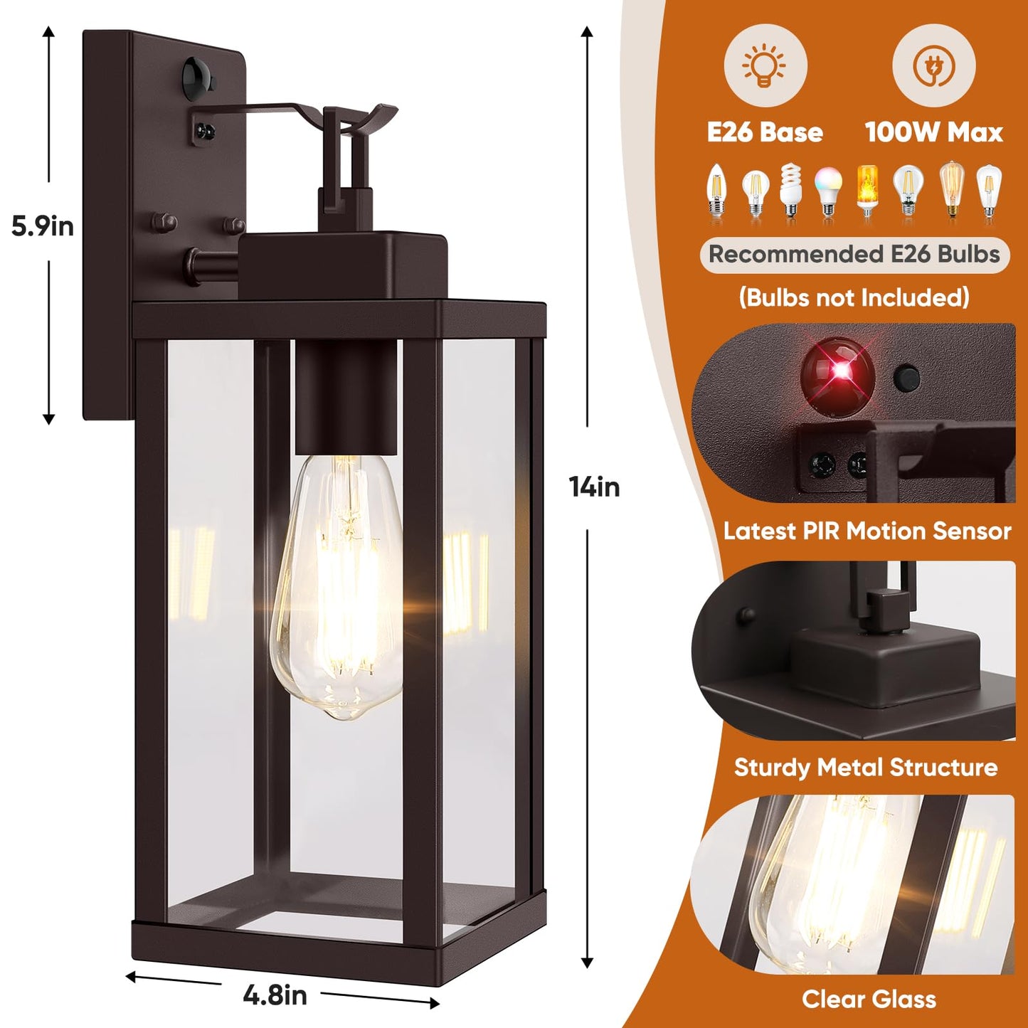 Beslowe 14  Upgraded Motion Sensor Outdoor Wall Lights  Dusk To Dawn Porch Lights Outdoor Wall Sconces  3 Lighting Modes Exterior Lighting Fixtures With Hooks  Brown Outside Lights For House  2-Pack