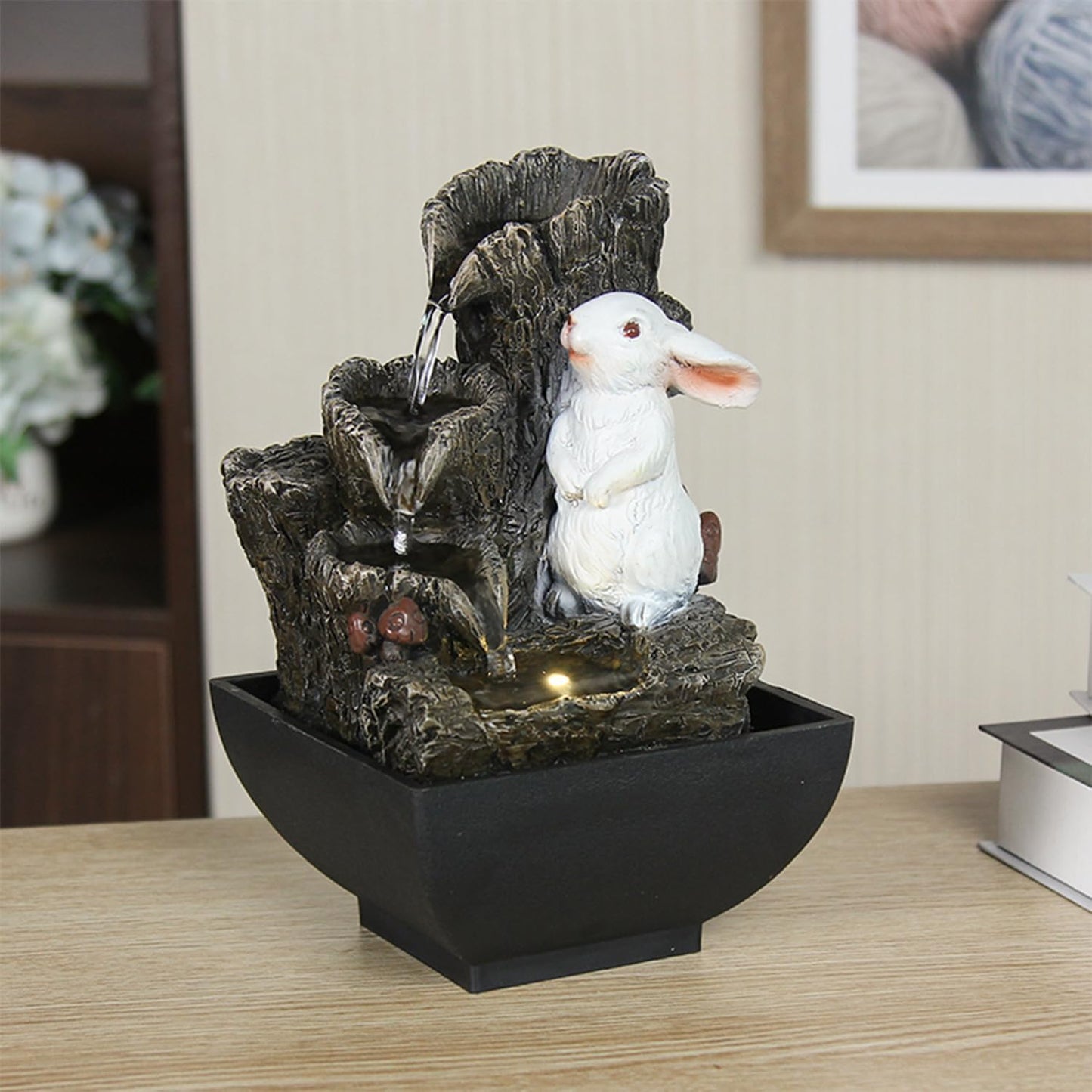 Small Cascading Rock Tabletop Fountain, Cute Little White Rabbit Indoor Waterfall Fountain with Colored LED Lights and Rolling Ball, 3 Tiered Desktop Fountain for Office Home Bedroom