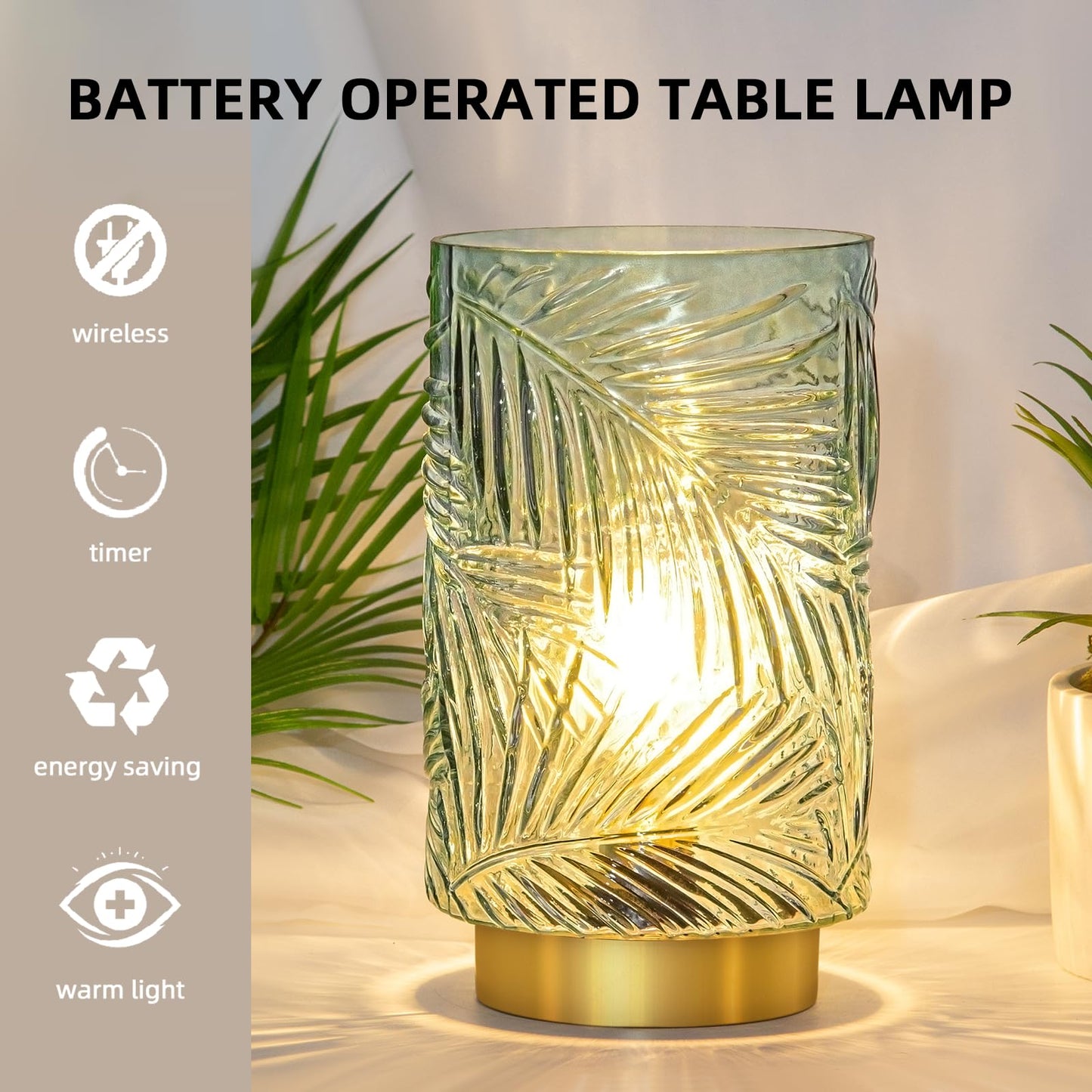 MJ PREMIER Battery Operated Table Lamp, LED Bulb, Light Green, Small with Timer, Cordless Decorative Nightlight for Home Decor