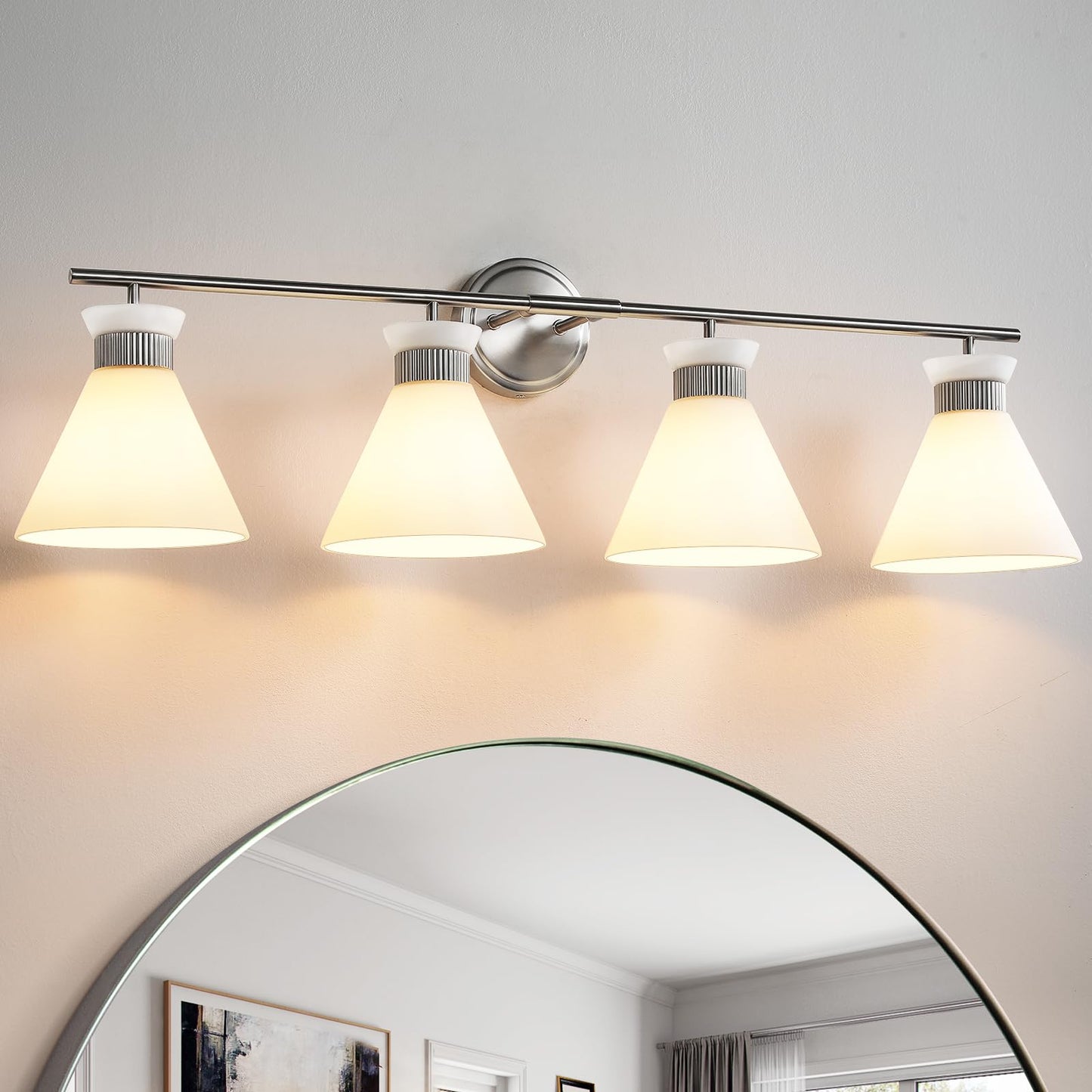 Woshitu Bathroom Light Fixtures: Brushed Nickel 4 Lights Bathroom Vanity Lights Over Mirror With Milky White Frosted Glass Shade  36 Inch Farmhouse Vanity Lighting Sconce (Exclude E26 Bulb)