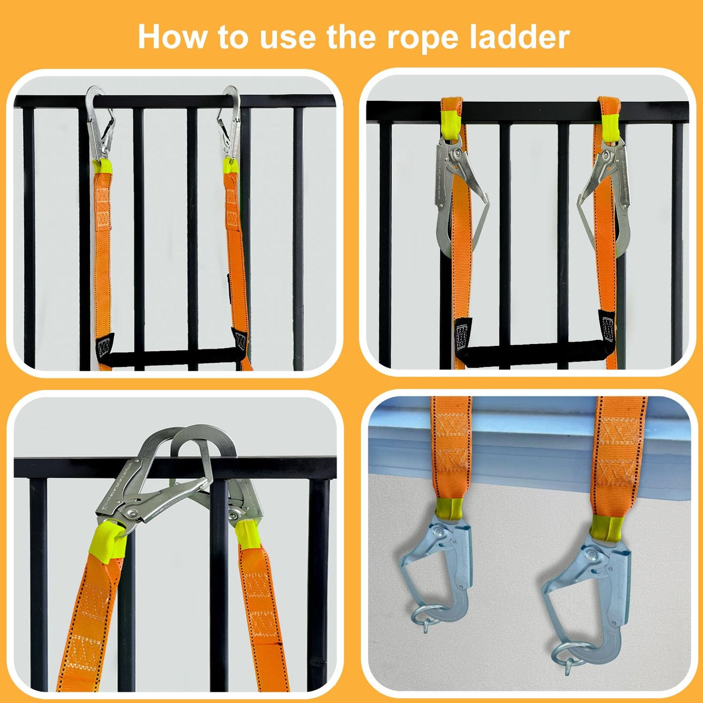 Fire Escape Ladder with 2 Heavy Hooks, 26.5 Feet Emergency Fire Ladder for 2-3 Story Homes, Reusable Safety Rope Ladders for Window Balcony Railing Treehouse, Orange