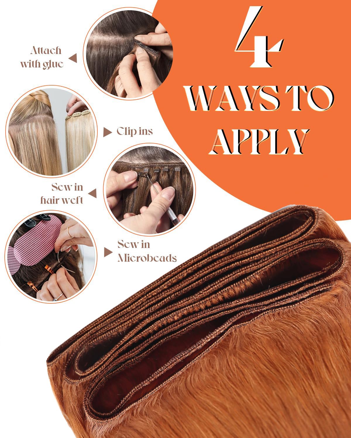 Sunny Hair Sew in Hair Extensions Real Human Hair Invisible Hand Tied Weft Hair Extensions Human Hair Copper Real Hair Weft Exte