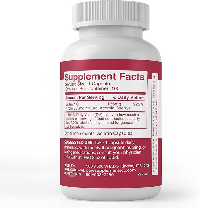 Pure Original Ingredients Acerola Cherry, (100 Capsules) Always Pure, No Additives Or Fillers