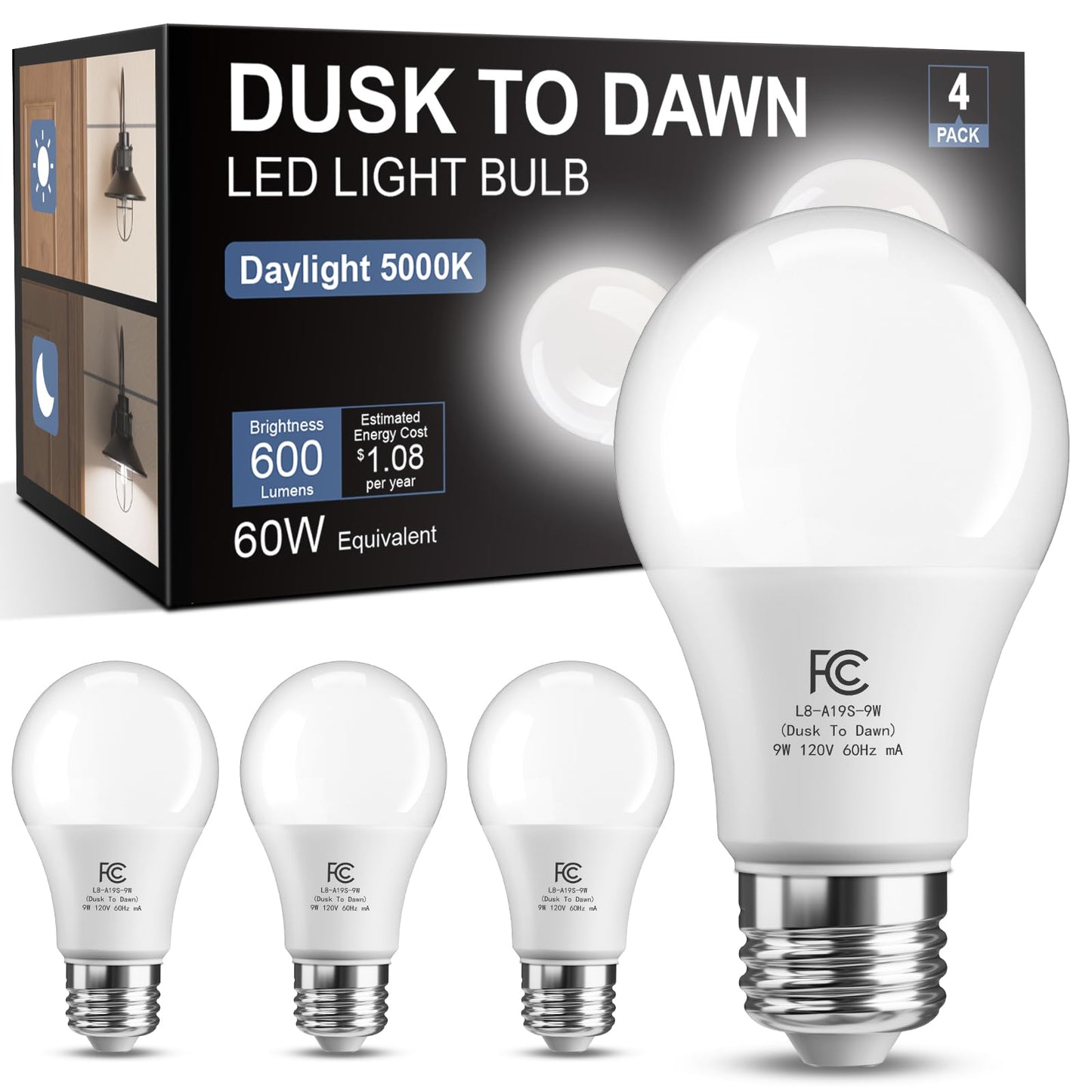Tjoy Dusk To Dawn Light Bulbs Outdoor  Light Sensor A19 Led Light Bulb  Automatic On/Off Photocell Bulb For Outdoor Porch Lighting  60W Equivalent  Energy Efficient 9W  Daylight 5000K E26 Base  4 Pack