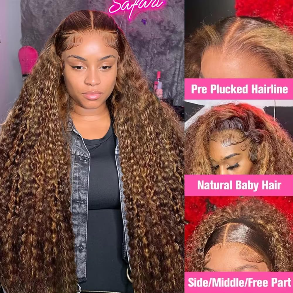 KFgood Ombre Lace Front Wig Human Hair 34inch Highlight 13x4 HD Deep Wave Wig Human Hair 200% Density 4/27 Colored Honey Blonde
