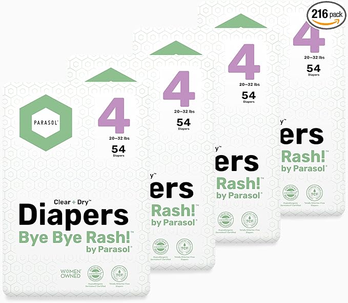 Parasol Clear+Dry Disposable Diapers, RashShield Protection and Leak-Control Fit, Hypoallergenic Diapers, Size 4 (20-32 lbs), 216 Count