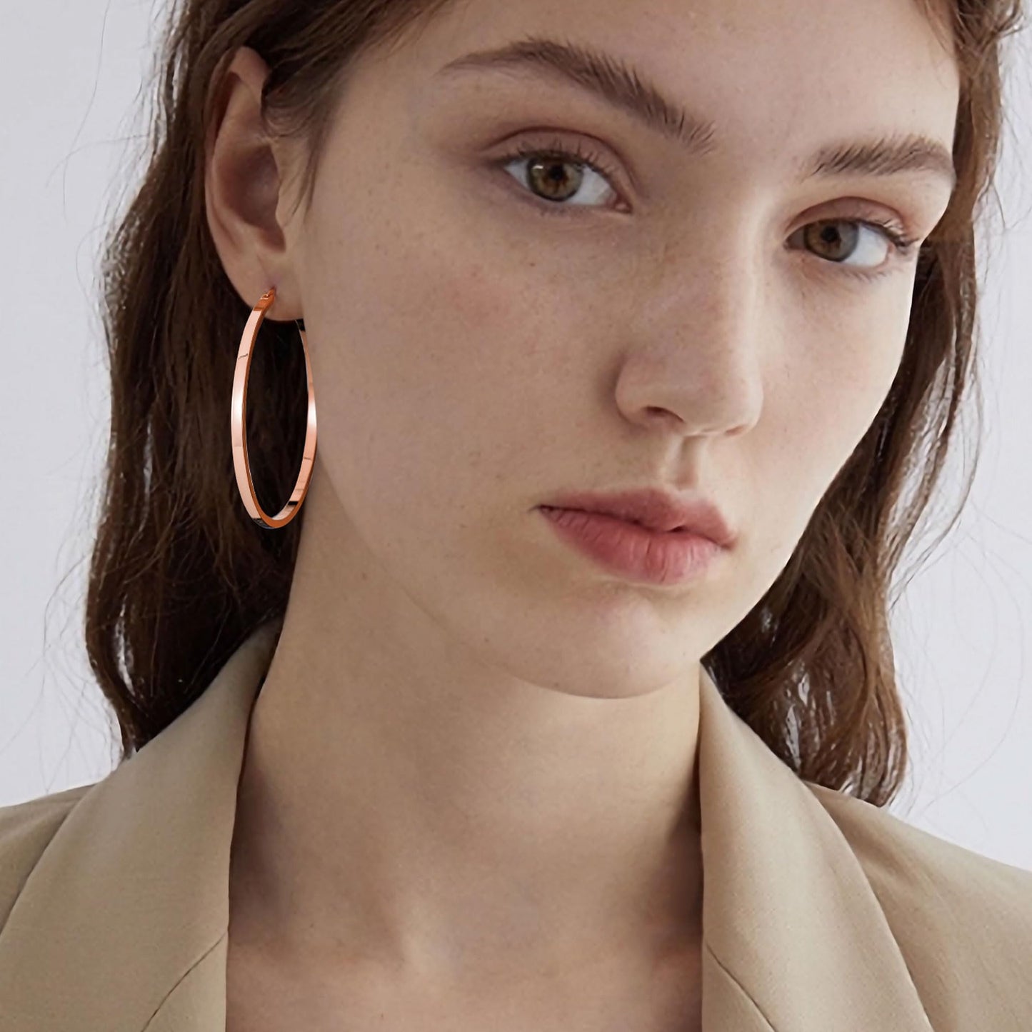 Gacimy Rose Gold Hoop Earrings for Women, 14K Real Rose Gold Plated Flatted Hoops with 925 Sterling Silver Post, 50mm Big Earrin
