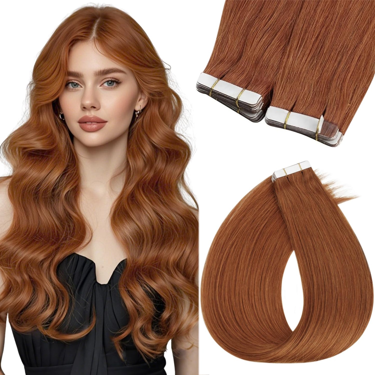 Sunny Hair Tape in Hair Extensions Real Human Hair Invisible Remy Hair Extensions Tape ins for Women Copper Red 20 inch 20Pcs 50