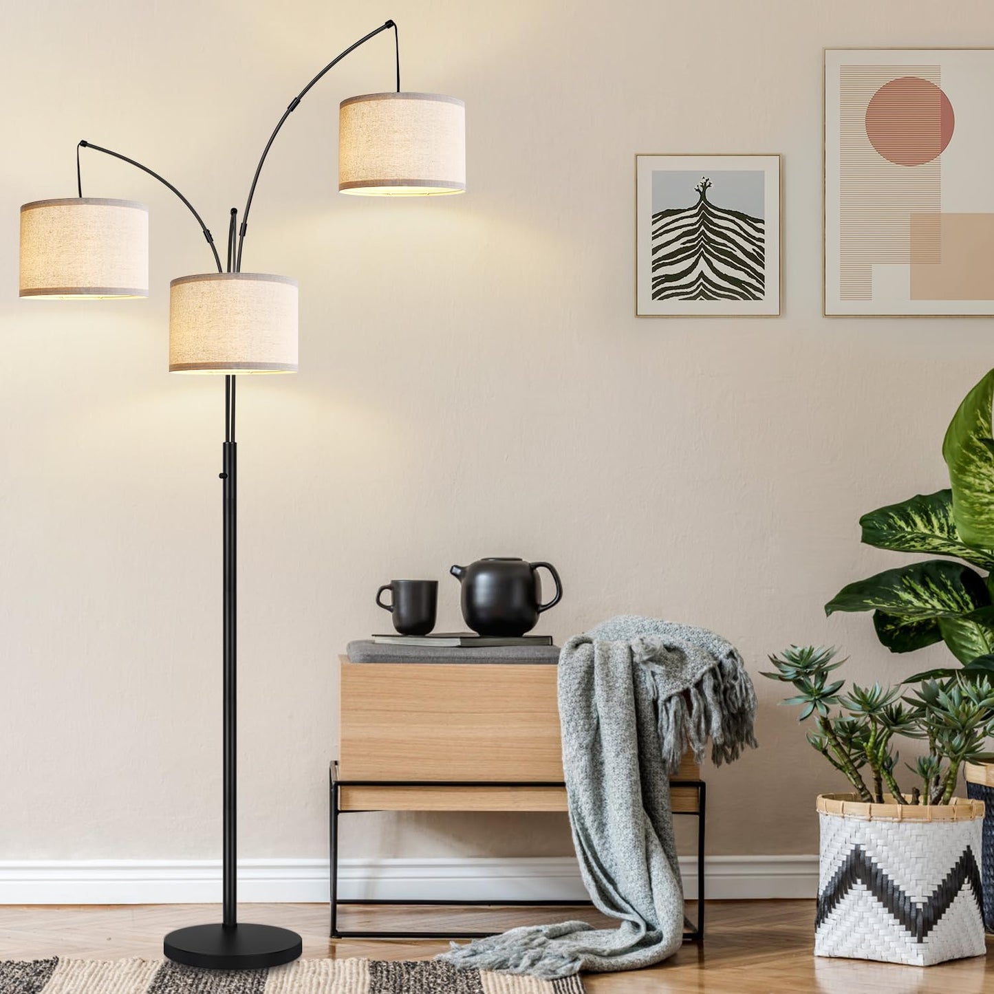 Nintiue Dimmable Floor Lamp - 3 Lights Arc Modern Tall Lamp, 1000LM, Matte Black with White Linen Shades, Model F1378