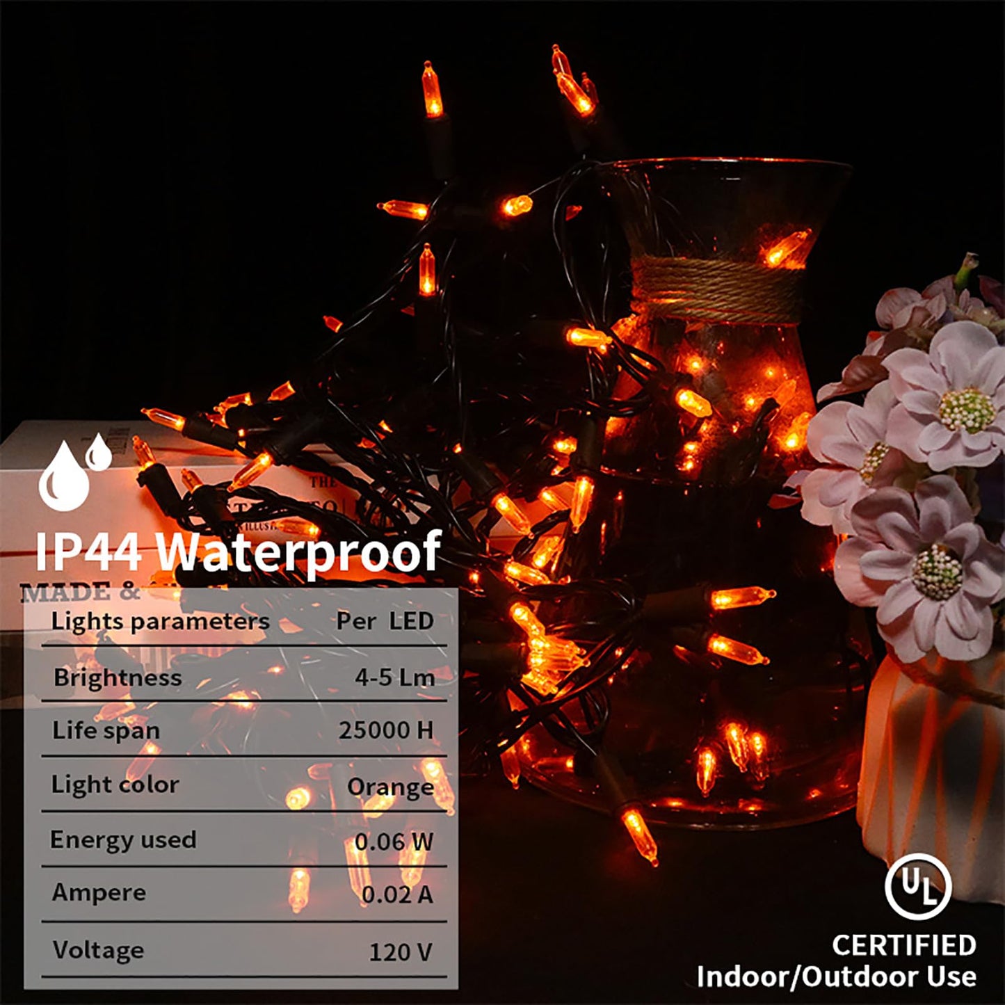 MULTI-SPARKING Orange LED String Lights - 100 Count, 33ft Black Wire, UL Certified, Connectable