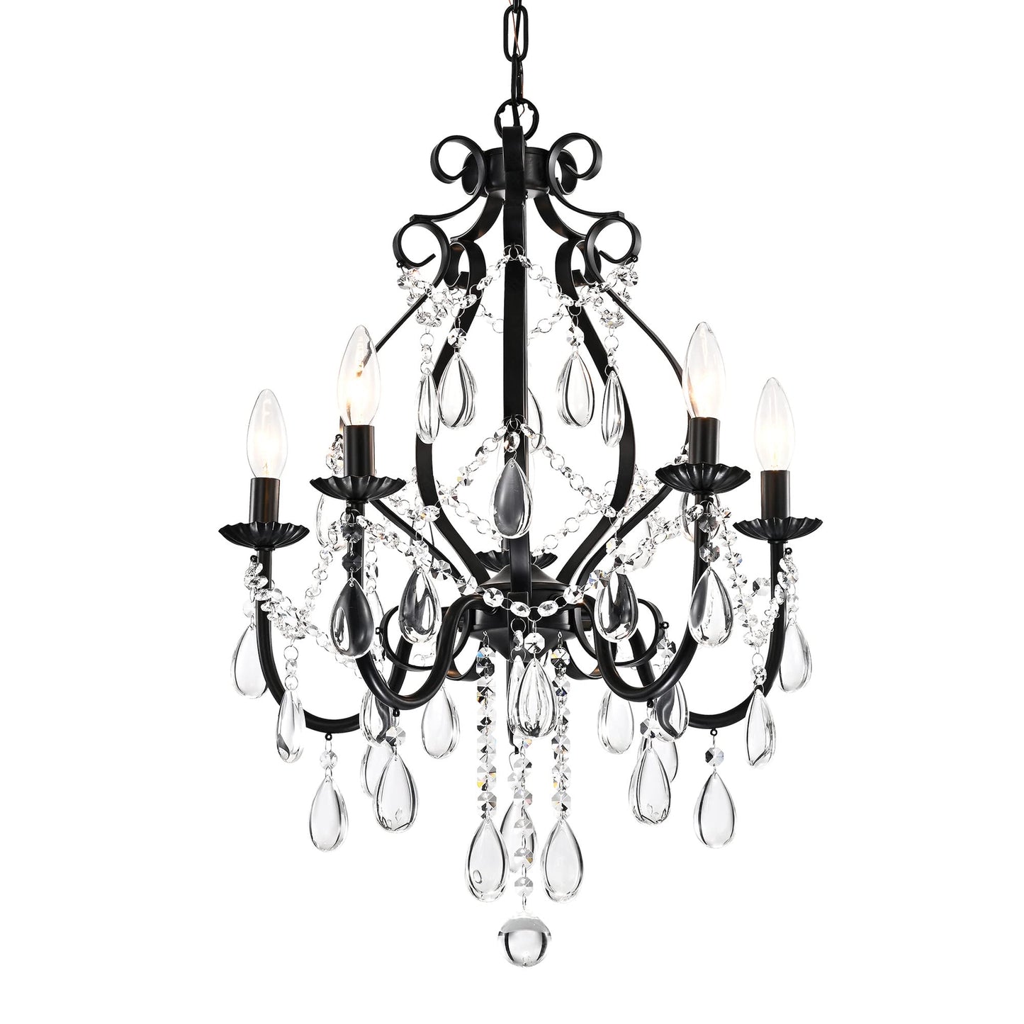 Edvivi Amorette Crystal Chandelier 5 Lights, Black Metal, Teardrop Crystals, Adjustable Ceiling Light For Foyer, Dining Room, Bedroom