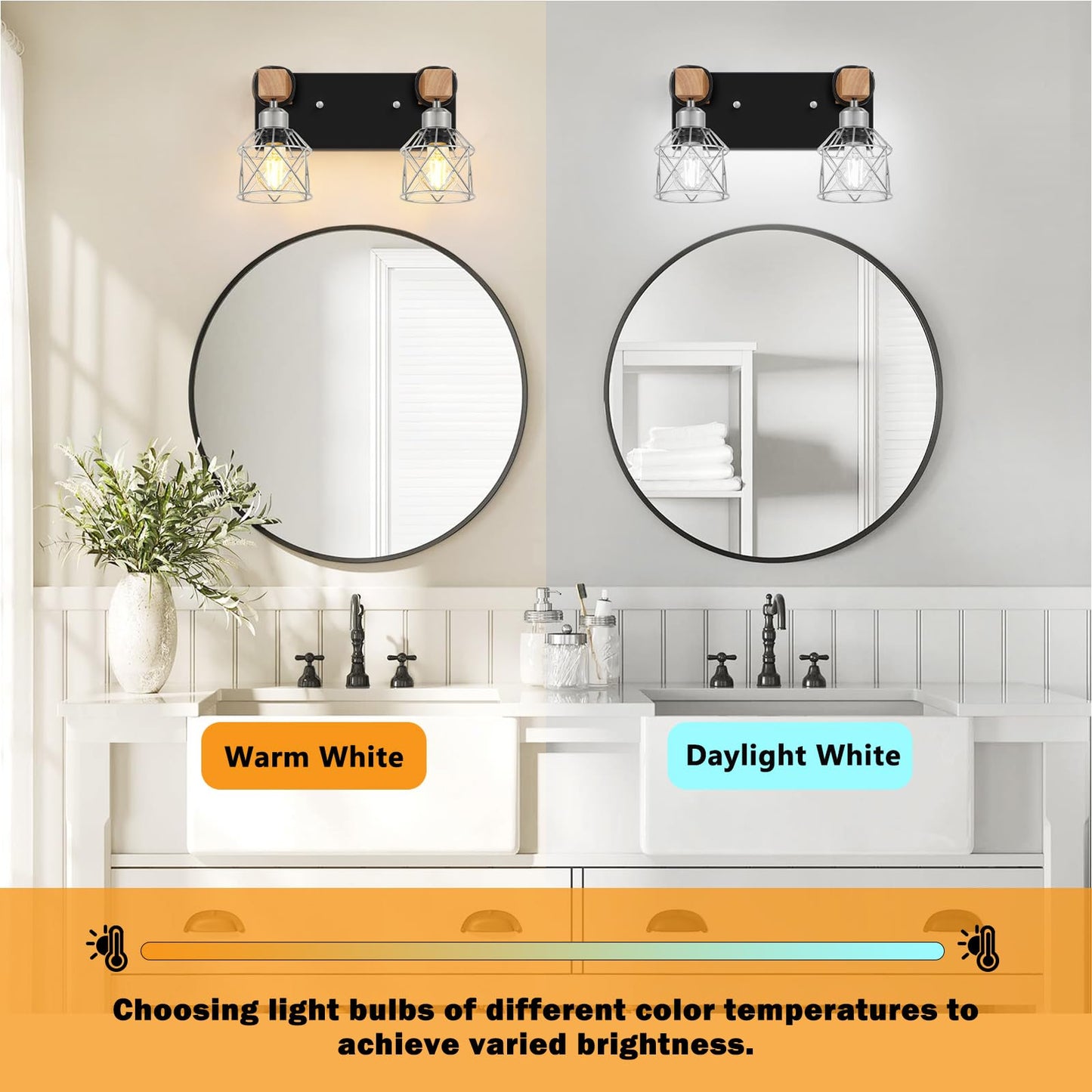 Fadimikoo Farmhouse Bathroom Light Fixtures  Rustic 2-Light Wood Vanity Lights For Bathroom  Industrial Black Silver Wall Lighting With Metal Shade For Bedroom  Living Room  Hallway