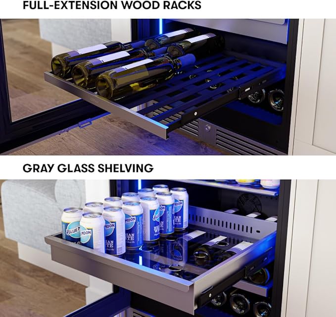 Zephyr 24 Inch Wine Fridge & Beverage Refrigerator Single Zone Full Size - Tall Wine Cooler Cellars Large Bar Drink Cabinet Freestanding with Glass Door - 266x12oz cans & 14x750 ml bottles