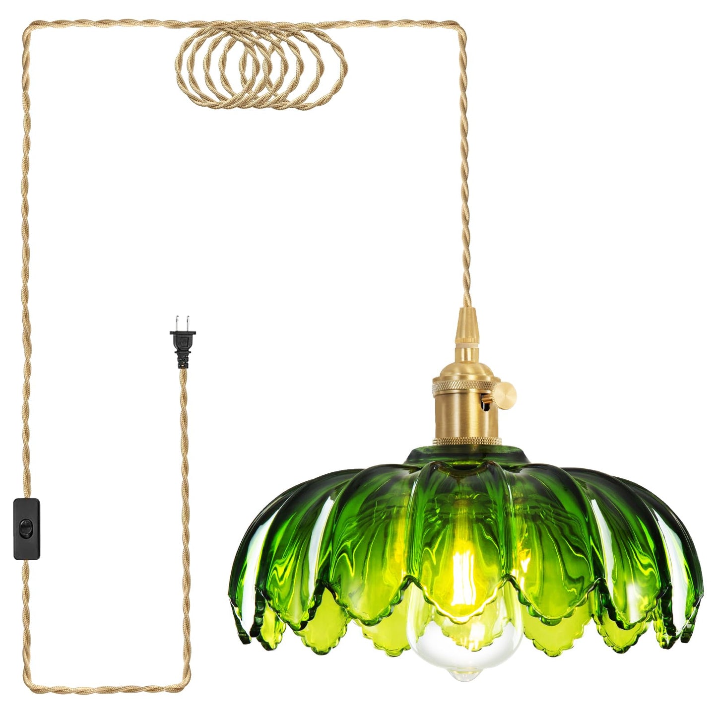 Beserwin Plug In Pendant Light  Hanging Lights With Plug In Cord  Hanging Light Fixture With Green Glass  E26 Pendant Lighting For Kitchen Island  Bedroom  Dining Room  Living Room