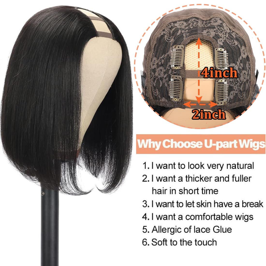 Amella Hair U Part Wig Human Hair Wigs For Black Women 12inch Short Bob Straight Wig Brazilian Remy Human Hair Bob Wigs Clip in