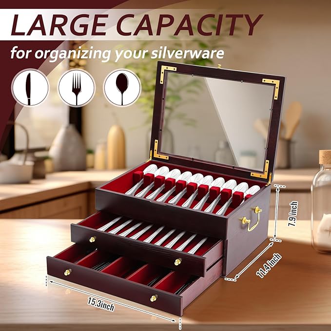 Novabright Wooden Silverware Storage Box with Lid, Christmas Flatware Organizer with Handle Felt Lined,15.3 x 11.4 Large Elegant Silverware Chest Case for Flatware Utensils Home Decor Gift (3 Layer)