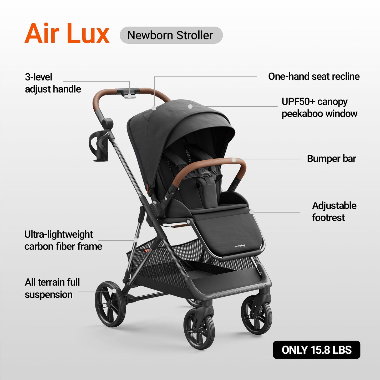 MAMAZING Air Lux Baby Stroller, Carbon Fiber Frame Only 15.8lbs, Compact Fold Toddler Stroller with Reversible Seat with Infant Insert, Included UPF 50+ Canopy, Large Storage Basket & Car Seat Adapter
