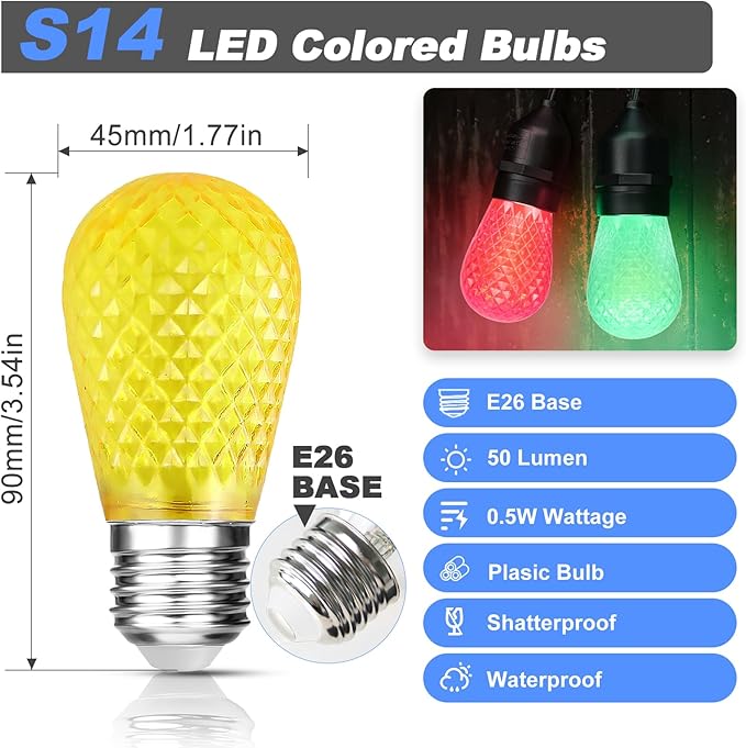 BRIMAX S14 LED Colored Light Bulbs with Faceted Surface,Outdoor Indoor String Light Replacement Bulbs,Plastic,Shatterproof, E26 Base, for Christmas Halloween Party and Holiday Decor,15 Pack